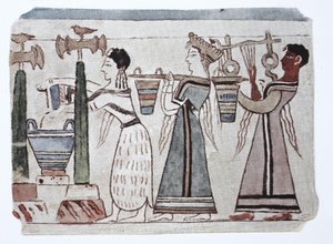 Moda, cultura fenicia del Egeo, 2000-500 a. C. Mujeres con cubos de agua detrás de un arpista
