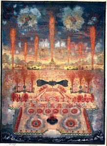 Fuegos artificiales e iluminaciones el 16 de junio de 1744 en Moscú (Rusia). Obra anónima, acuarela y gouache sobre cartulina, mediados del siglo XVIII. arte rococó. Museo Estatal de Historia, Moscú. de Unknown artist