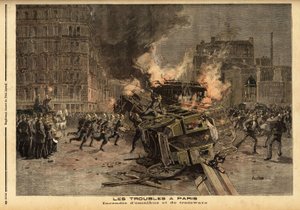 Incendio de ómnibus y tranvías en París: una manifestación estudiantil brutalmente reprimida se convierte en un motín general. Grabado en “Le petit journal” 22/07/1893. Colección Selva. de Unknown artist