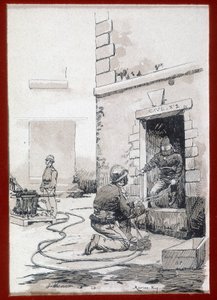 Bomberos: aparato de incendios de sótanos. grabado s.d. siglo XIX de Unknown artist
