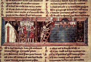 Primera cruzada: Los cruzados llegando ante Jerusalén. Miniatura de Caballero al Cisne y Godofredo de Bouillon de Unknown artist