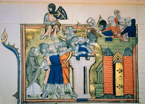 Primera cruzada: Godefroi (o Godefroy) de Bouillon (1058-1100) en una torre redonda atacó Jerusalén en 1099. Miniatura del “Roman De Godefroy De Bouillon et de Saladin” de Unknown artist