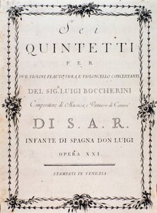 Primera página de la partitura musical de "Sei quintetti per due violini flauto viola e violoncello" de Luigi Boccherini de Unknown artist