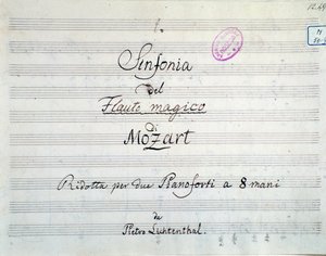 Primera página de la partitura de la sinfonía reducida a dos pianos y ocho manos de Die Zauberflöte, ópera de Mozart, versión de Lichtenthal (siglo XIX)