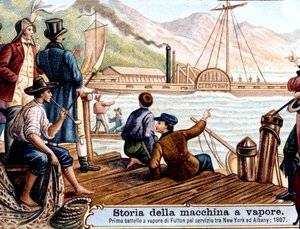 Primer viaje del barco de vapor “Clermont” por Robert Fulton (1765-1815), ingeniero estadounidense en el río Hudson, EE.UU.