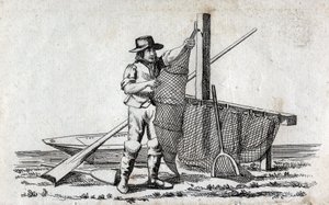 Pescador y red de pesca. Fina grabado del siglo XVIII. Colección privada.