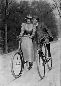 Coqueteo fin de siglo: pareja en bicicleta - grabado de Unknown artist