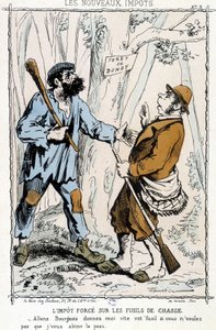 Impuesto forzado sobre escopetas: "Vamos burgués, dame tu arma rápidamente si no quieres que te arruine la piel" - caricatura sobre los "nuevos impuestos" de Unknown artist