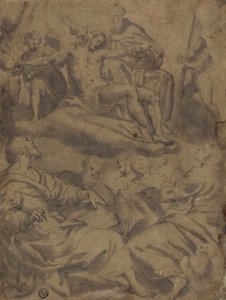 Cuatro evangelistas y la visión de Dios sosteniendo a Cristo muerto con los instrumentos de la Pasión de Unknown artist