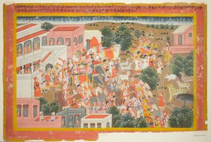 Cuatro príncipes en procesión visitan a un sabio, página de un ejemplar del Ramayana