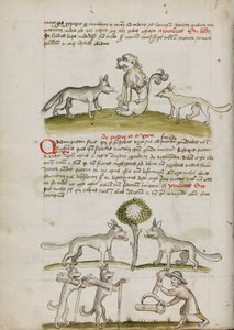 Zorro y lobo ante un león; Dos lobos bajo un árbol arrastrando pacas de trigo; Un granjero atando gavillas de trigo de Unknown artist