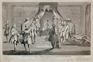 Francmasonería: “Asamblea de Francmasones para la recepción de los maestros” Ceremonia para la entrada del recipiendario en la logia. Está representado a la izquierda, con el segundo supervisor apuntándole con un puñal masónico. El Gran Maestro está en el