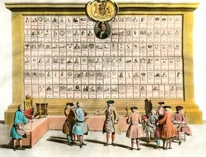Francmasonería: reunión de masones ingleses con símbolos de las principales logias masónicas. Tabla del siglo XVIII. París. Artes Decorativas de Unknown artist