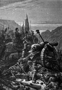 Francisco I (1494 - 1547) permaneció en la silla la noche antes de la Batalla de Marignano, septiembre de 1515. Grabado del siglo XIX. de Unknown artist