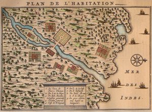 Mapa del asentamiento de Francois Leguat en Rodrigues - El plan de la habitación de Francois Leguat (1637-1735) explorador francés y amigos en la isla Rodrigues en Mauricio (1708) de Unknown artist