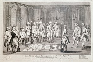 Francmasonería: "Asamblea de Francmasones para la admisión de aprendices". Ceremonia para la entrada del recipiendario en la logia. Avanza, con los ojos vendados, guiado por el segundo supervisor, hacia el Gran Maestro (sentado a la izquierda) de Unknown artist