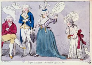 Revolución Francesa: Caricatura contra la familia de la Reina María Antonieta (1755-1793) y Luis XVI encerrados en la prisión del Temple. La reina y la hermana del rey Madame Elisabeth discutiendo bajo la mirada del rey. Sus palabras están escritas en burb de Unknown artist