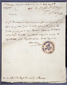 Revolución Francesa: carta manuscrita fechada el 26/02/1793 de un tal Merlin sobre la captura de la ciudad de Breda en Holanda el 24 de febrero por el General Dumouriez. Archivos Departamentales de Nord Lille de Unknown artist