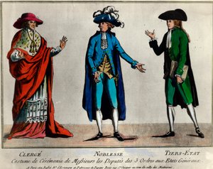 Revolución Francesa: representación de los diputados de los tres órdenes en los Estados Generales con traje ceremonial: el clero, la nobleza y el tercer estado. Estampa de finales del siglo XVIII. Colección privada