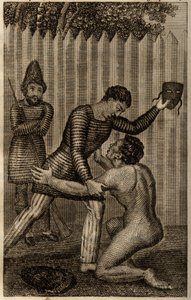 Viernes es arrojado a los brazos de Robinson Crusoe, grabado insertado en "Las aventuras de Robinson Crusoe" por Daniel Defoe de Unknown artist