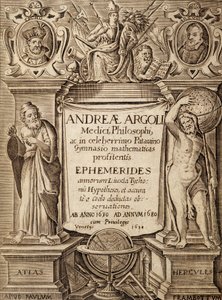 Frontispicio de “Ephemerides” con Hércules y Atlas de Unknown artist