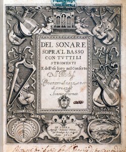 Frontispicio de del sonare sopra il basso por Agostino Agazzari de Unknown artist