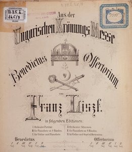 Frontispicio de la partitura Misa de Coronación Húngara de Liszt (siglo XIX)