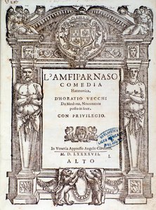 Portada de la comedia madrigal Amfiparnaso por Orazio Vecchi
