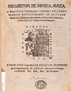 Portada de Recanetum de musica aurea por Stephanus Aureus