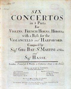 Portada de partitura musical de Seis conciertos en 8 partes de G B Sammartini y J A Hasse