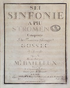 Portada de la partitura para Sei sinfonie a piu strumenti op. 5 (primera sinfonía) por François Joseph Gossec de Unknown artist