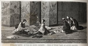 Ceremonias funerarias: el monje de los últimos sacramentos. Grabado para ilustrar el viaje a Japón en 1863-1864, por Aime Humbert, ministro de la Confederación Suiza, en “Le tour du monde, nouveau journal des voyages”, publicado bajo la dirección de Edouar de Unknown artist