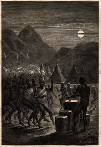 Ceremonia funeraria entre los Lakutas (tribu ubicada en la región del Alto Nilo), tambores y danzas rituales a la luz de la luna. Grabado para ilustrar el viaje al lago Alberto, en 1861-1864, de Sir Samuel White Baker, en “Le tour du monde, nouveau journal de Unknown artist