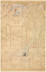 Escena de Jardín con un Maestro Instruyendo a un Estudiante en un Pabellón de Unknown artist