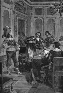 Gaston de Orleans (1608-1660), hermano del rey Luis XIII (1601-1643) dirigiéndose al Cardenal Richelieu (Armand Jean du Plessis de Richelieu) (1585-1642). Grabado del siglo XIX. En 