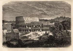 Vista general del Coliseo, en Roma, anfiteatro Flavio completado en el año 80, bajo el reinado del emperador Tito, con capacidad para 75,000 personas, permaneció en servicio hasta el siglo VI, símbolo de la Roma imperial, ubicado al este del Foro Romano de Unknown artist