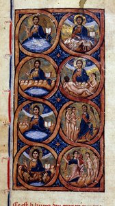 Génesis: representación de las diferentes etapas de la creación del mundo (cosmogonía). Miniatura de un manuscrito "Historia Universal" siglo XIII. Biblioteca Municipal de Dijon de Unknown artist