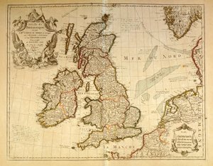 Mapa geográfico que representa Inglaterra e Irlanda. Atlas de G. Delysle