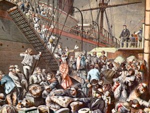 Emigrantes alemanes a Nueva York embarcando en un vapor de Hamburgo en 1874, grabado - (Deutsche Emigranten)