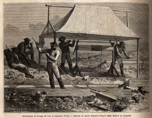 Minería y lavado de oro en una concesión en Cameron Town (Columbia Británica, Canadá), el distrito es el depósito de oro más rico de la región, el oro se extrae del subsuelo por pozos huecos, de los cuales se sacan cubos de “lodo pagado”, una mezcla de arc de Unknown artist
