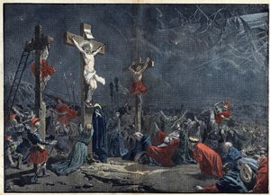 Viernes Santo: crucifixión de Jesucristo. Ilustración en “Le Pelerin” del 3 de abril. de Unknown artist