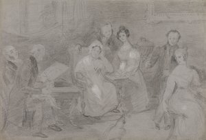 Grupo de figuras, con un hombre pintando con acuarelas y una chica repartiendo tazas de té de Unknown artist