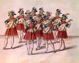 Grupo de músicos tocando laúd. Acuarela y pluma de Daniel Rabel (1578-1637) del Álbum Chateau de Bicetre. Siglo XVII. París, Museo del Louvre