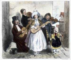 Grupo de músicos callejeros, finales del siglo XIX