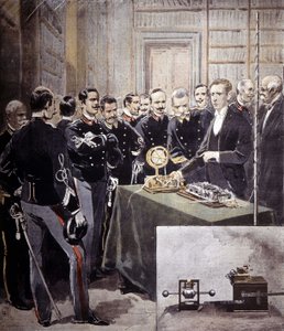 Guglielmo Marconi presentó el telégrafo inalámbrico (TSF) en una conferencia en el Ministerio de la Marina en 1897. de Unknown artist
