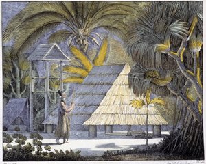 Hábitat en las Islas Radak, archipiélago de las Islas Marshall. Grabado del siglo XIX de Unknown artist