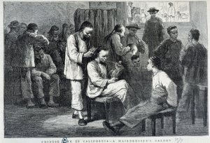Salón de peluquería en la comunidad china de California - grabado de Unknown artist