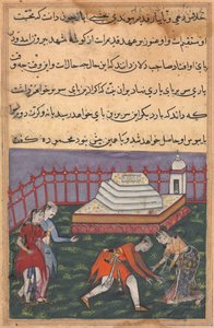 Al escuchar su declaración de amor, Ayaz cae a los pies de Mahmuda en el santuario. La escena es presenciada por Salim, amigo de Ayaz, y una sirvienta, de un Tuti-nama (Cuentos de un loro): Trigésima tercera noche