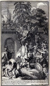 Héctor, después de empujar a los griegos de vuelta a sus trincheras, los ataca con furia, rompe una puerta con una enorme piedra, entra a la cabeza de sus tropas y los persigue hasta sus barcos. Ilustración del libro XII de la Ilíada de Homero, edición fra de Unknown artist