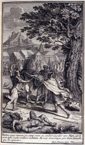Héctor, al regresar al campamento, entra en una batalla singular con Áyax, después de haber desafiado al más valiente de los griegos. Son interrumpidos por dos heraldos que los separan. Ilustración del libro VII de la Ilíada de Homero, edición francesa de Unknown artist